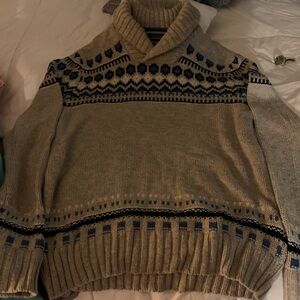 American Eagle Outfitters Beige and Blue V-Neck Sweater